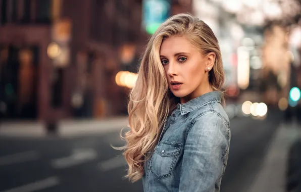 Picture lights, glare, street, model, portrait, makeup, hairstyle, blonde