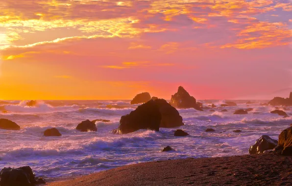 Picture sea, wave, the sky, sunset, rocks, shore, horizon