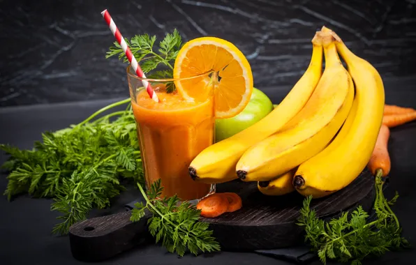 Picture greens, lemon, orange, bananas, smoothies