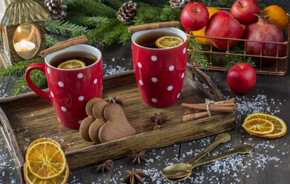 Snow, decoration, apples, New Year, Christmas, Christmas, snow, cup