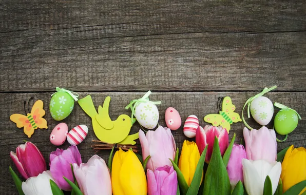 Flowers, eggs, colorful, Easter, tulips, wood, pink, flowers
