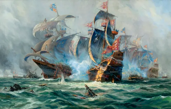 Ships, picture, the battle, painting, sailboats, Adolf Bock