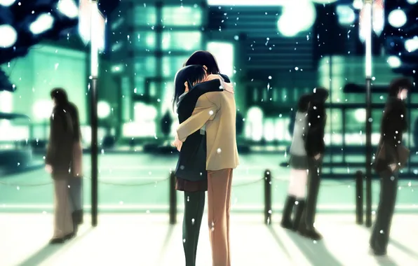 Winter, girl, snow, the city, people, home, anime, art