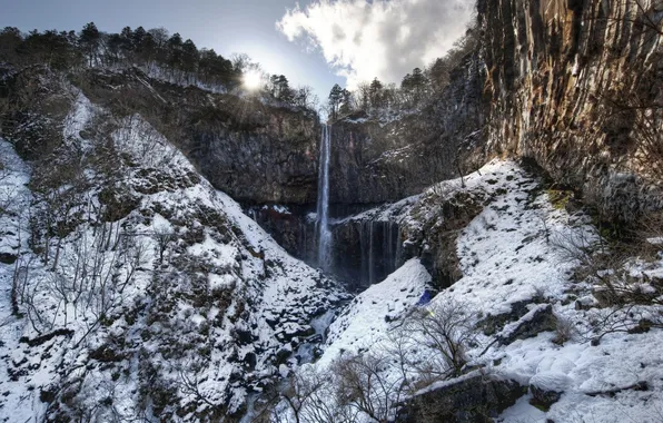 Picture the sky, the sun, snow, rocks, waterfall, lowland