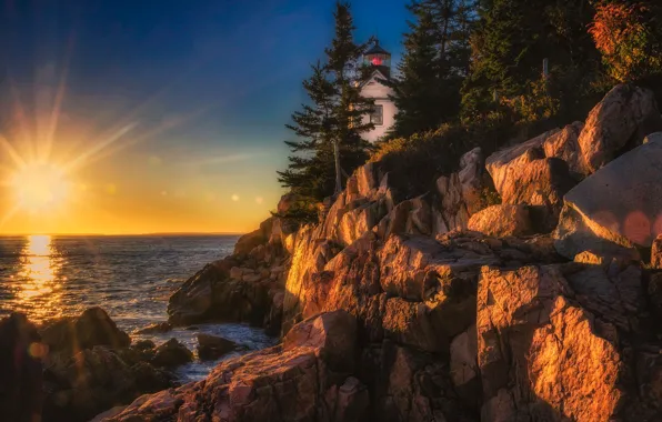 Sunset, the ocean, rocks, lighthouse, Maine, Man, Acadia National Park, Acadia national Park