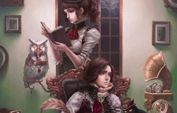 Picture cat, girl, owl, pictures, steampunk, book, guy, gramophone