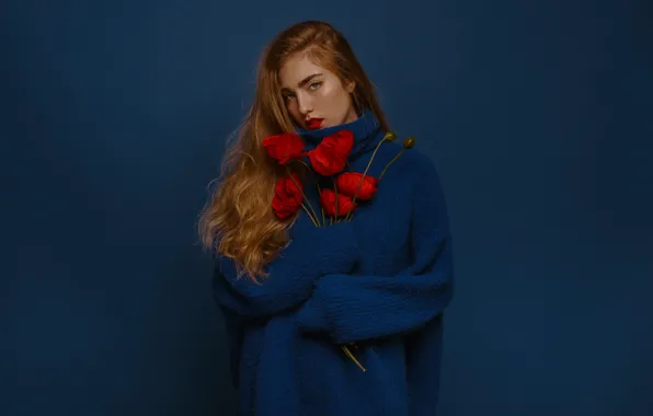 Picture girl, flowers, style, background, Maki, red, redhead, coat