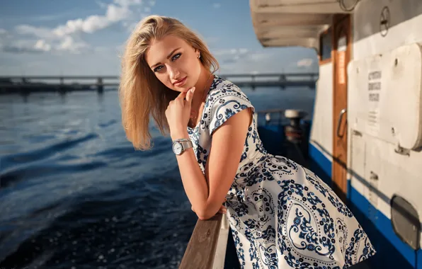 The sun, pose, river, portrait, makeup, dress, hairstyle, blonde