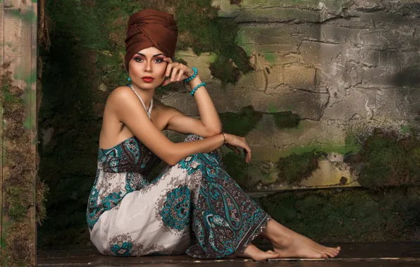 Picture look, girl, pose, style, wall, makeup, dress, turban