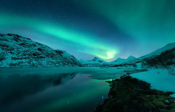 Picture winter, mountains, Northern lights, Norway, Lofoten