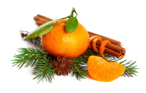 Holiday, Christmas, New year, on the table, tangerines, soon, a sprig of spruce