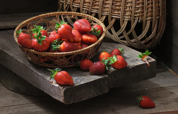 Berries, Board, strawberry, still life, basket, Sergey Pounder