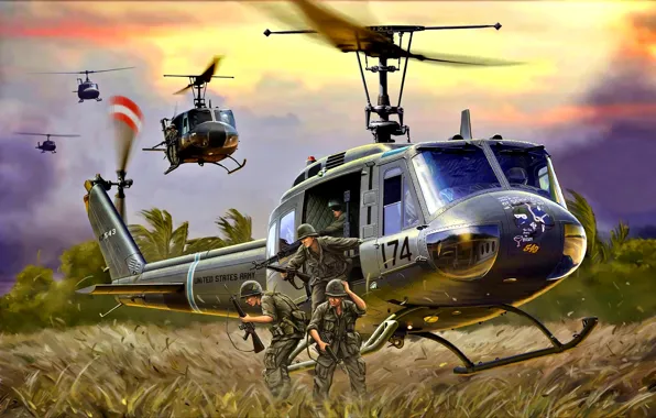 Picture M16, Helicopter, US Army, Landing, M60, UH-1D, Soldiers, The Vietnam war