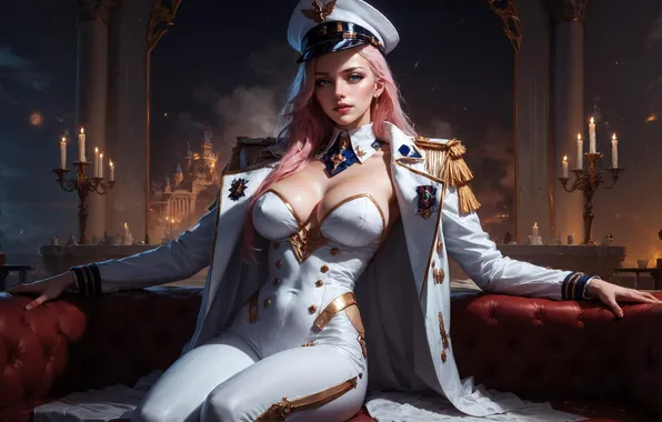 Picture candles, neckline, form, cap, beautiful girl, bust, digital art, jacket