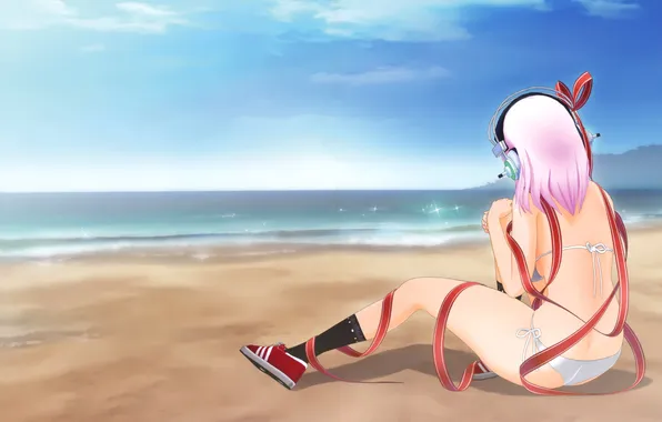 Sea, beach, girl, headphones, tape, super sonic, nitroplus