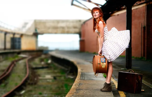 Girl, the wind, rails, dress, the platform, suitcase