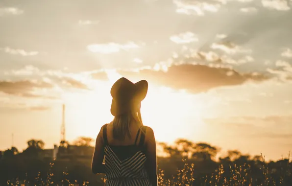 Picture girl, the sun, sunset, hat