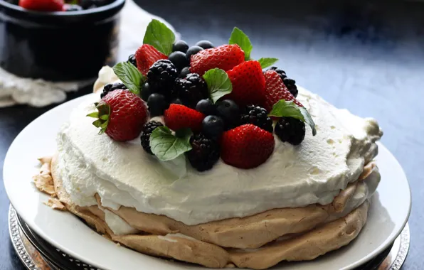 Berries, food, blueberries, cream, strawberry, pancakes, mint, cream