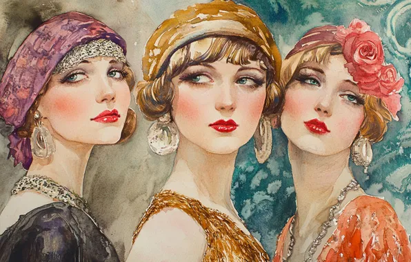 Retro, girls, portrait, earrings, image, trio, three girls, imitation painting