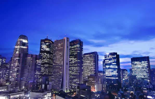 The sky, clouds, night, lights, building, home, skyscrapers, Japan
