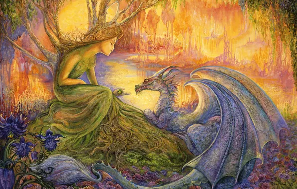 Trees, flowers, stream, picture, painting, Josephine Wall, fairy forest, the druids