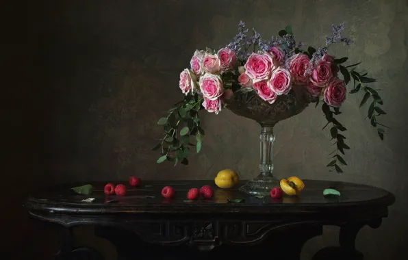 Flowers, raspberry, roses, still life, apricots