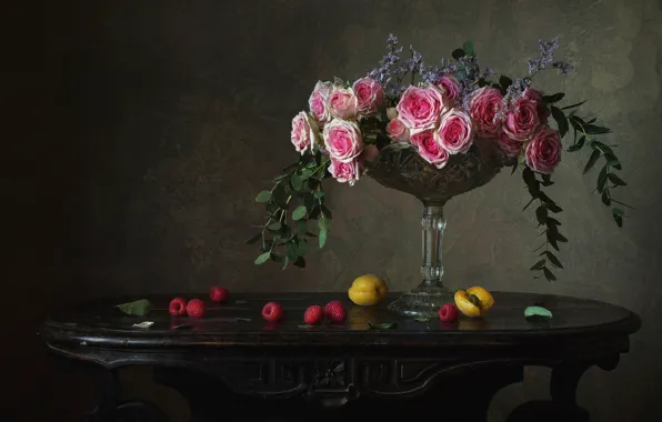Flowers, raspberry, rose, still life, apricot