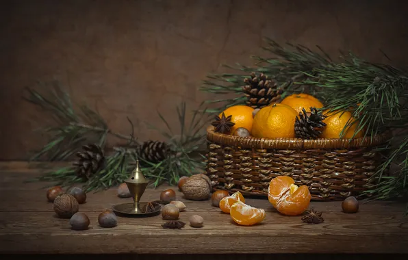 Branches, table, Board, Christmas, New year, nuts, still life, basket