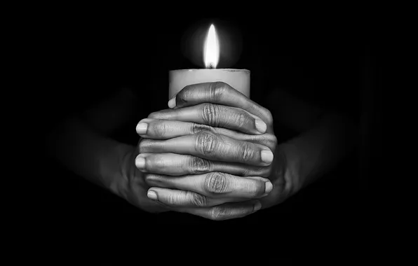 Darkness, flame, candle, hands