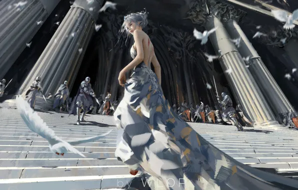 Picture girl, fantasy, armor, long hair, dress, blue eyes, birds, elf, digital art, knights, artwork, architecture, …