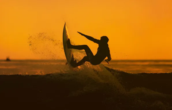 Picture sunset, the ocean, wave, athlete, surfing, male