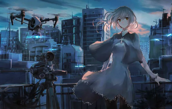 The sky, girl, clouds, sunset, the city, home, anime, robots