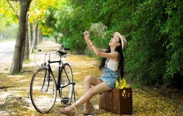 Picture girl, bike, smile, Park, bouquet, suitcase, Asian