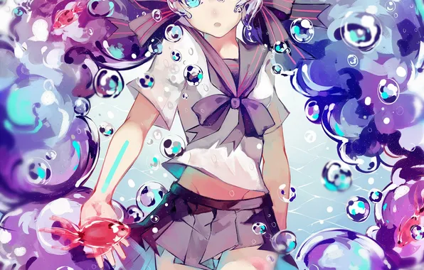 Picture girl, fish, bubbles, surprise, anime, art, form, schoolgirl