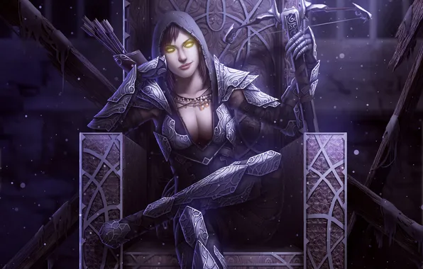 Girl, snow, art, hood, Diablo 3, the throne, crossbow, sitting