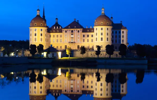 The sky, night, lights, lake, castle, tower, Germany, Saxony
