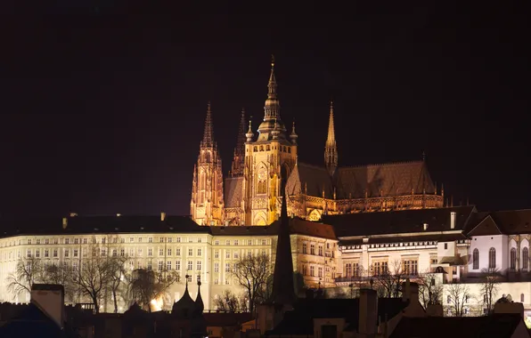 Night, lights, hills, Prague, Czech Republic, St. Vitus Cathedral