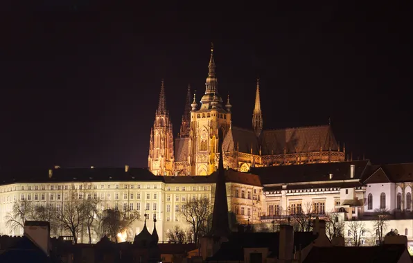 Night, lights, Prague, Czech Republic, hill, St. Vitus Cathedral