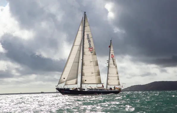 Sea, overcast, the wind, coast, sails, the ship, the crew, mast