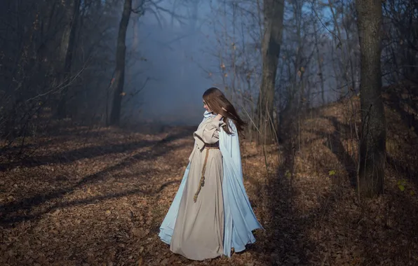 Autumn, forest, girl, light, branches, nature, fog, glade