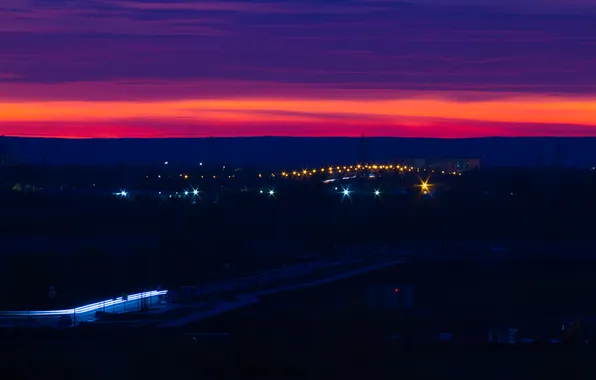 Road, the sky, clouds, trees, building, home, the evening, lights
