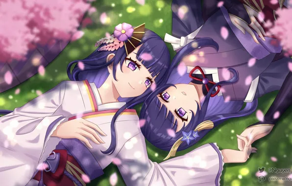 Picture girl, flowers, petals, Genshin Impact, Raiden Shogun, Raiden Makoto