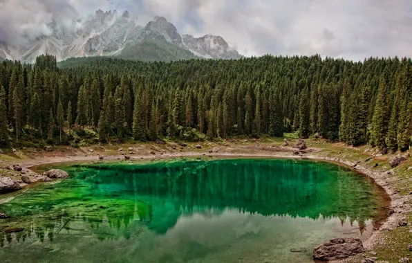 Forest, water, clouds, mountains, nature, lake, reflection, stones