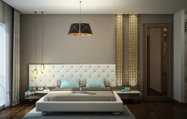 Design, bed, interior, chandelier, bedroom, decor