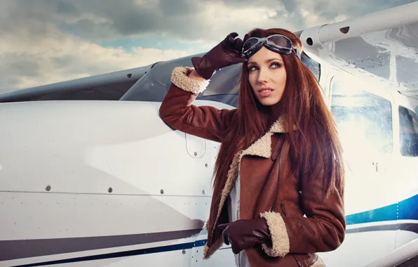 Picture look, girl, pose, model, glasses, jacket, gloves, the plane