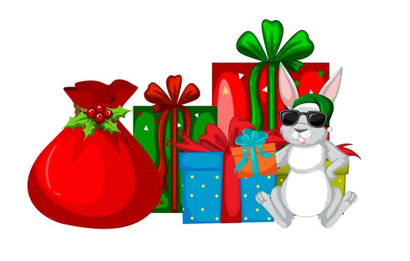 Hare, rabbit, Christmas, gifts, white background, New year, bag, a lot