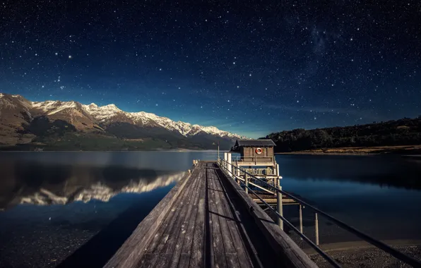 The sky, stars, mountains, lake, New Zealand, Lake Wakatipu, South Island, inland lake