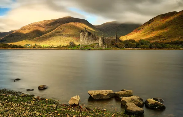 The sky, clouds, light, mountains, lake, stones, castle, hills