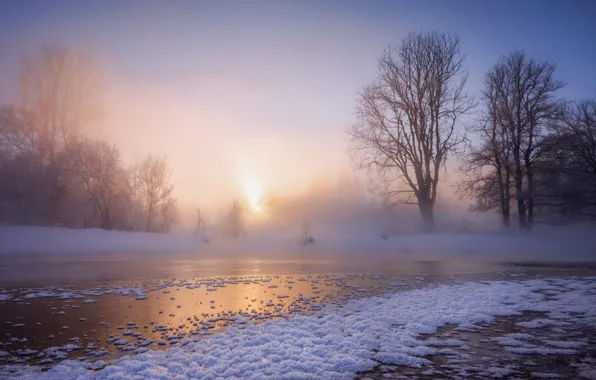 Winter, snow, trees, river, dawn, morning, frost, Russia