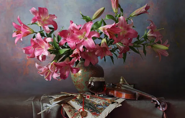 Flowers, style, background, pen, violin, Lily, vase, still life